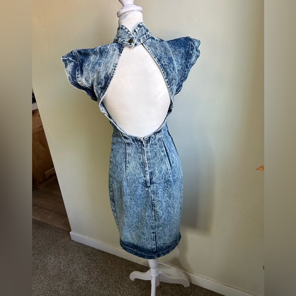Vintage Paris Blues 90s Acid Wash Mock Neck Bodycon Backless Midi Dress - Picture 3 of 10